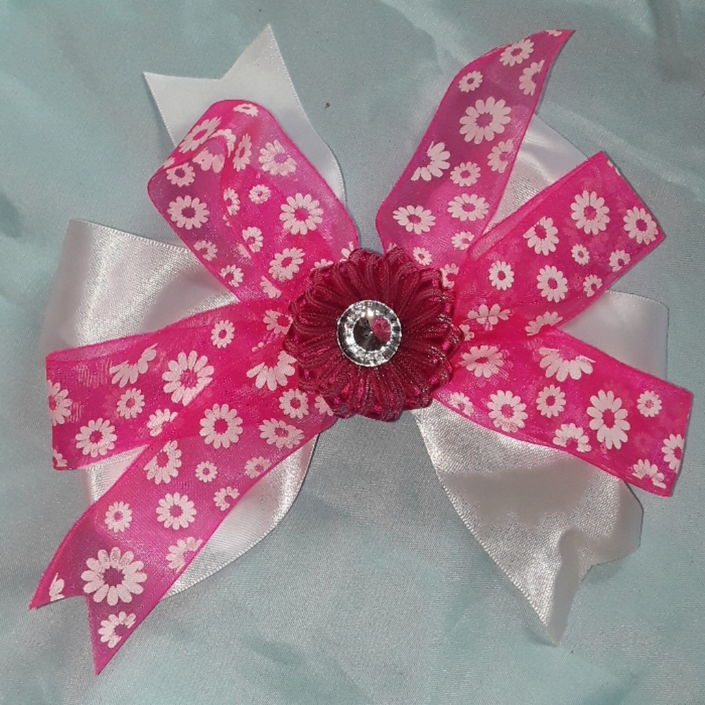 * Handmade Hairbow Sheer Floral Pink & white Bling